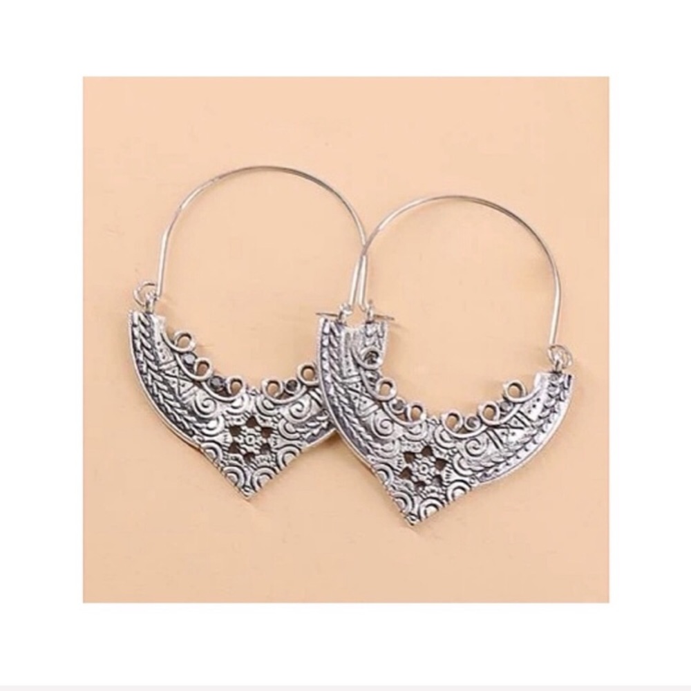 Boho Chic Tribal Ethnic Etched Drop Hoop Earrings